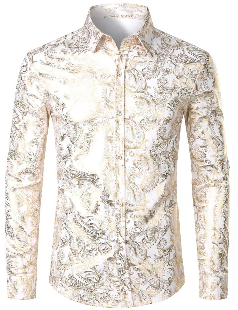 Mens Gold Rose Floral Print Shirts Brand Floral Steampunk Chemise White Long Sleeve Wedding Party Bronzing Camisa Masculina New