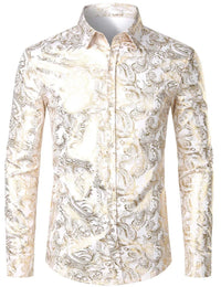 Mens Gold Rose Floral Print Shirts Brand Floral Steampunk Chemise White Long Sleeve Wedding Party Bronzing Camisa Masculina New