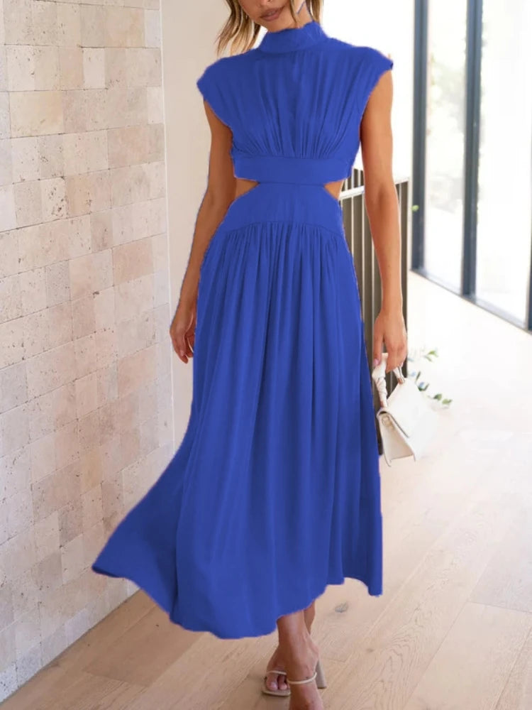 Summer Dresses 2025 Mock Neck Sleeveless Cutout White Maxi Dresses A-Line Elegant Pockets Casual Party Hollow Out Long Dress