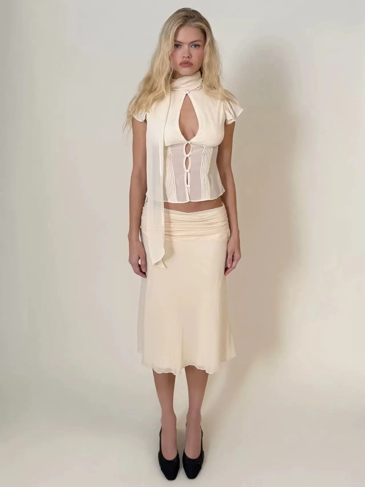Guiz Apricot Silk Scarf Ribbon Chiffon Shirt Semi-Transparent High-Waist Waist-Cinching Top Low-Waist Pleated Skirt
