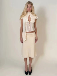Guiz Apricot Silk Scarf Ribbon Chiffon Shirt Semi-Transparent High-Waist Waist-Cinching Top Low-Waist Pleated Skirt