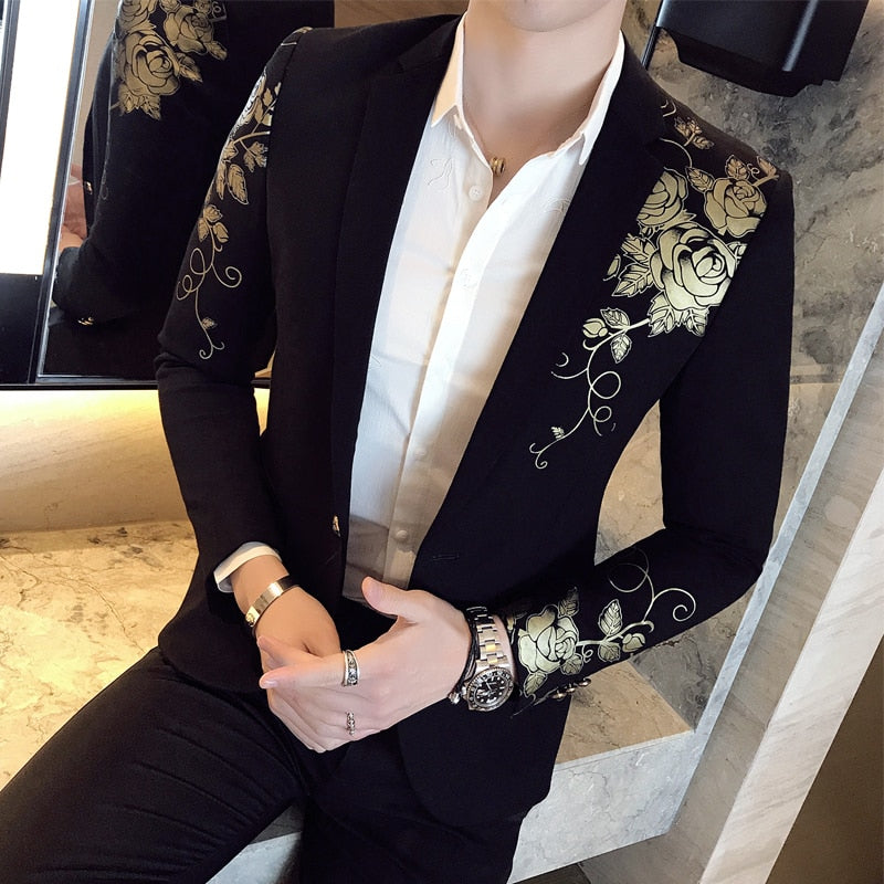 2022 New Luxury Gold Print Blazer Slim Fit Men Party Wedding Dress Black Suit Jacket