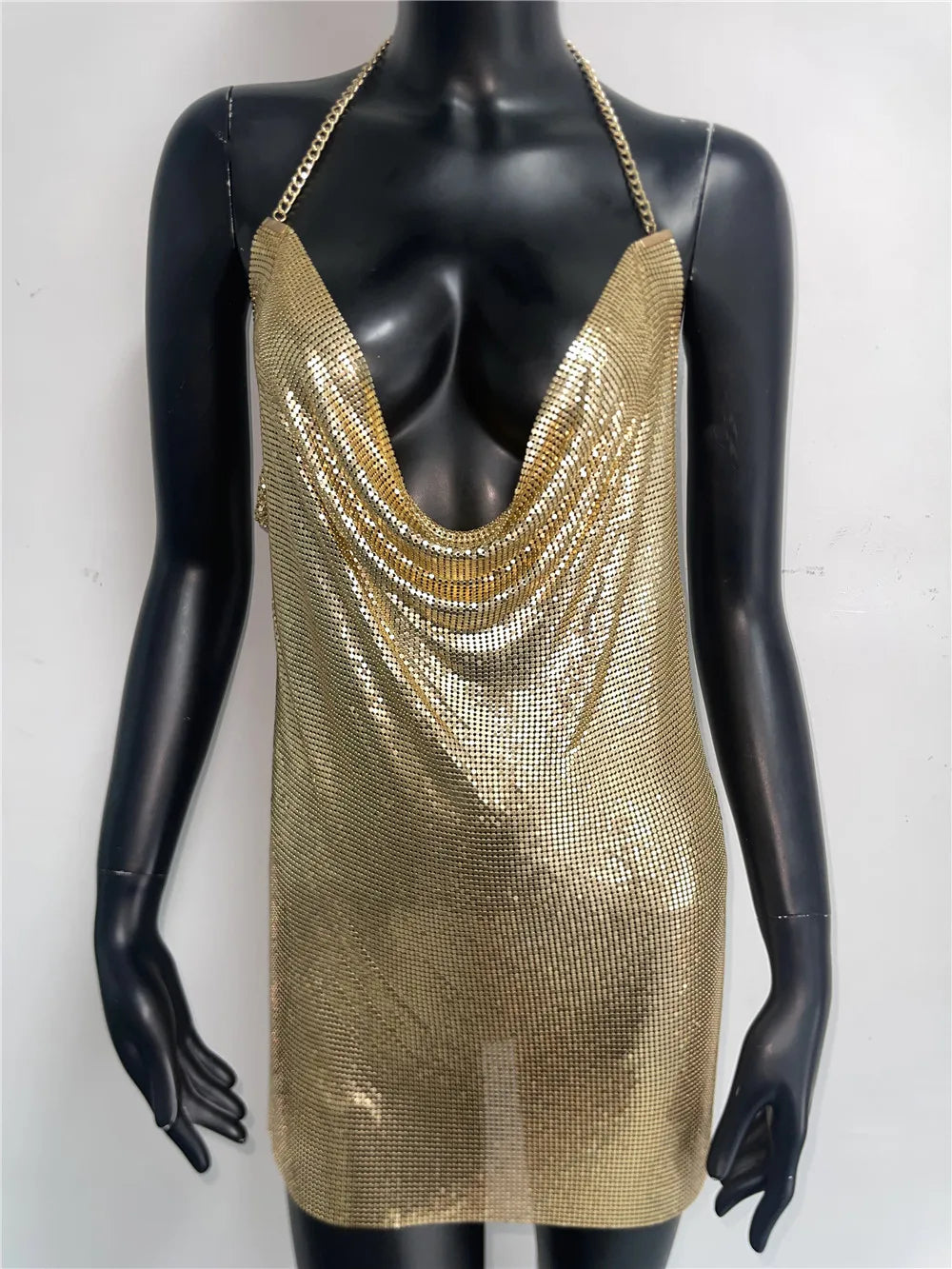 Women Luxury Metallic Sequins Mini Dress Sexy Backless Halter Neck Deep V Neck Party Dresses Rave Nightclub Streetwear 2024 New