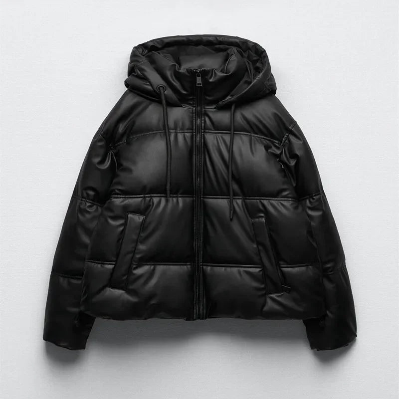 Winter Women Faux Leather Puffer Jacket 2024 Warm PU Snow Hooded Parka Female Casual Loose Coat Zipper Long Sleeve Overcoat