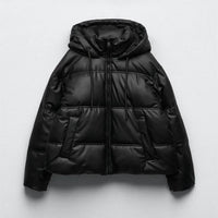 Winter Women Faux Leather Puffer Jacket 2024 Warm PU Snow Hooded Parka Female Casual Loose Coat Zipper Long Sleeve Overcoat