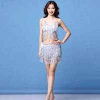 Belly Dance Top Bra Belt Set Latin Sequin Fringe Halter Hip Skirt Sexy Party Costume 4 Layer Tassel Stage Performance Cloth Wear