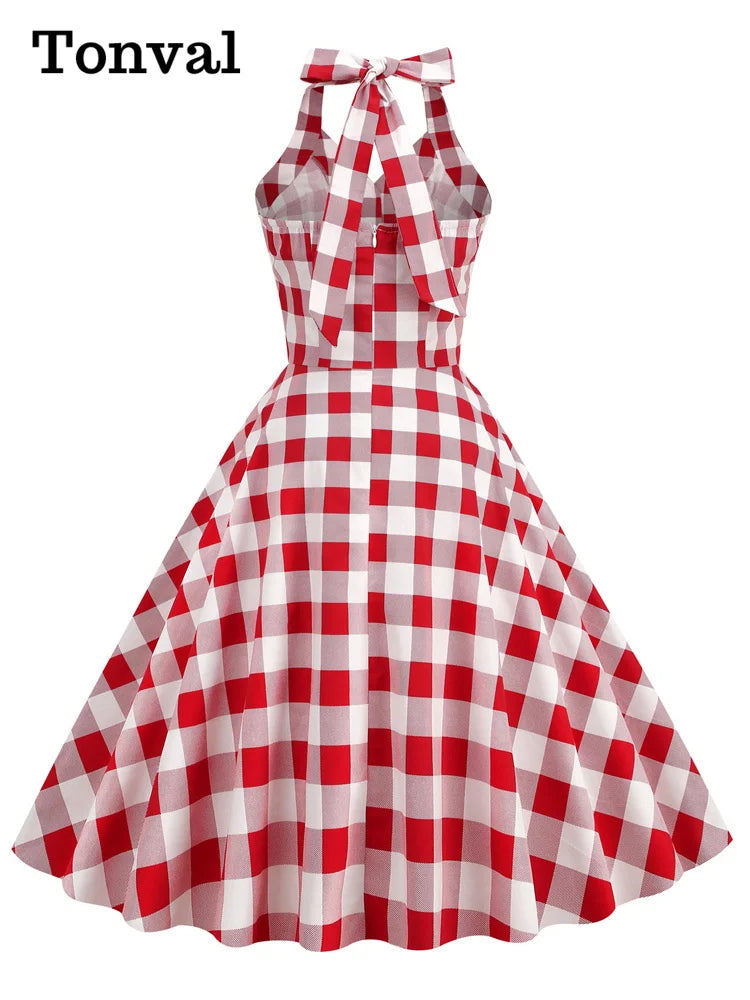 Tonval Gingham 50s Style Red Plaid Rockabilly Vintage Dresses for Women Button Front Halter Party Elegant Backless Dress