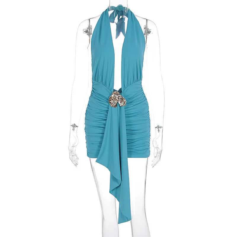 Women's Turquoise Halter Deep V Ruched Mini Dress Gold Buckle Asymmetric Hem Slim-Fit Party Cocktail Dress 2026 New Fashion