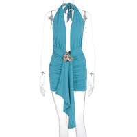 Women's Turquoise Halter Deep V Ruched Mini Dress Gold Buckle Asymmetric Hem Slim-Fit Party Cocktail Dress 2026 New Fashion