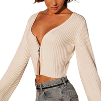 Women Knitted Tees Cropped Solid Long Sleeve Zipper Closure Knitted Tops Sweater Top Cloth Casual Outwear Simple Tops Streetwear