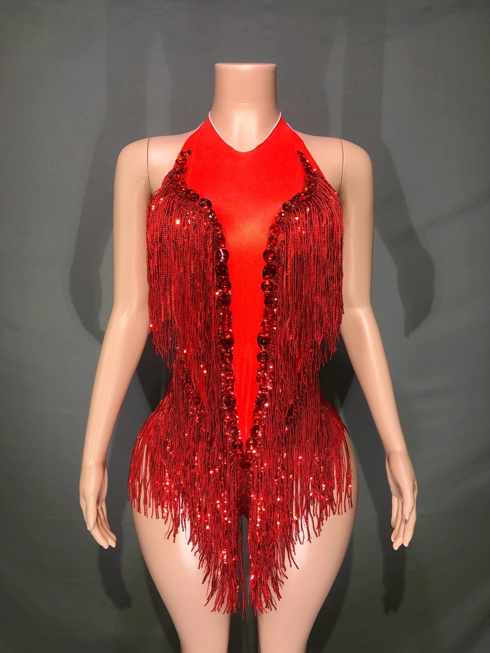 Sparkly Hot Pink Crystals Sequins Fringes Bodysuit for Women Sexy Backless Dance Costume Dancer Performance Show Stage Wear