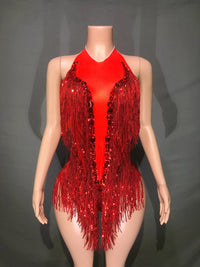 Sparkly Hot Pink Crystals Sequins Fringes Bodysuit for Women Sexy Backless Dance Costume Dancer Performance Show Stage Wear