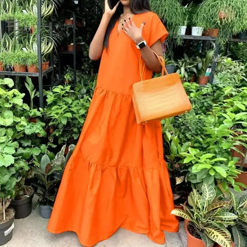 women sundress  Loose V-neck Patchwork Short Sleeves Solid Color Beach Dress Summer Women Dress Elegant Large Hem Maxi Dress