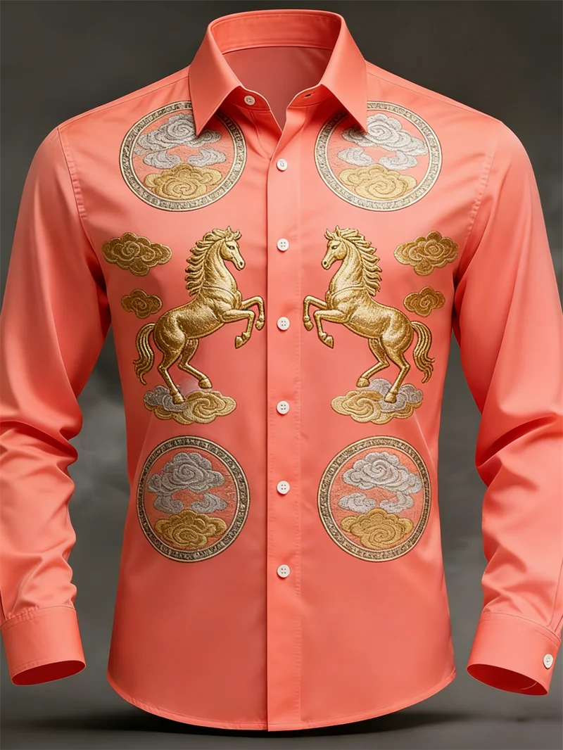New men's long sleeved shirt casual button lapel 3D printed horse pattern luxurious men's top soft and comfortable