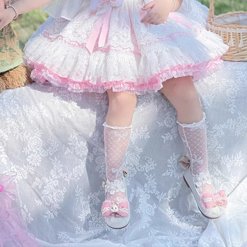 Lolita Skirt Base Socks White Lace Thin Ruffle Long Knee-high Sock for Kids Baby Princess Style Heart Bow Pattern Mesh Stockings