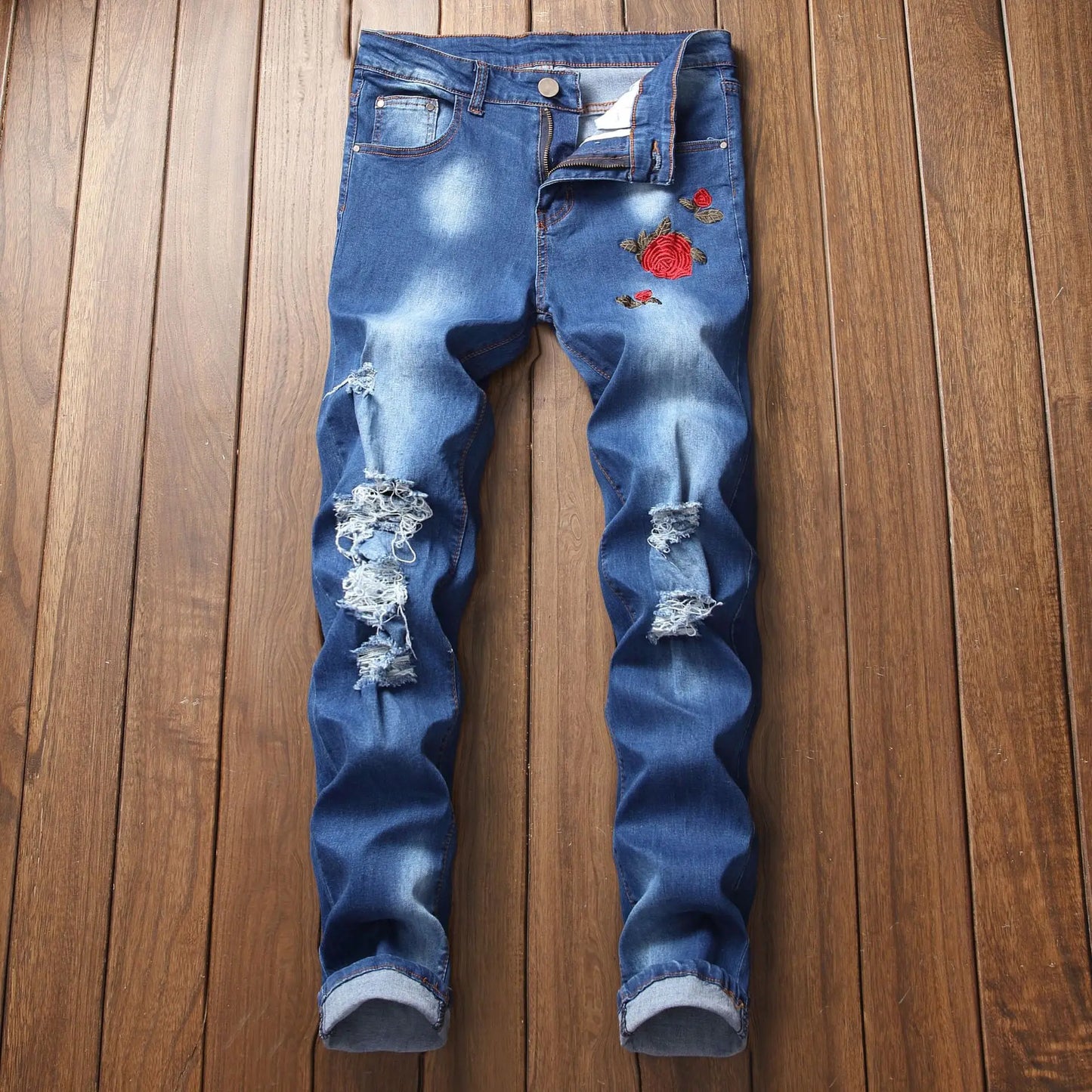 European and American Men's Casual Jeans with Embroidered Roses, Fashionable Ripped, Slim-fit, Stretch, Ankle-length Trousers