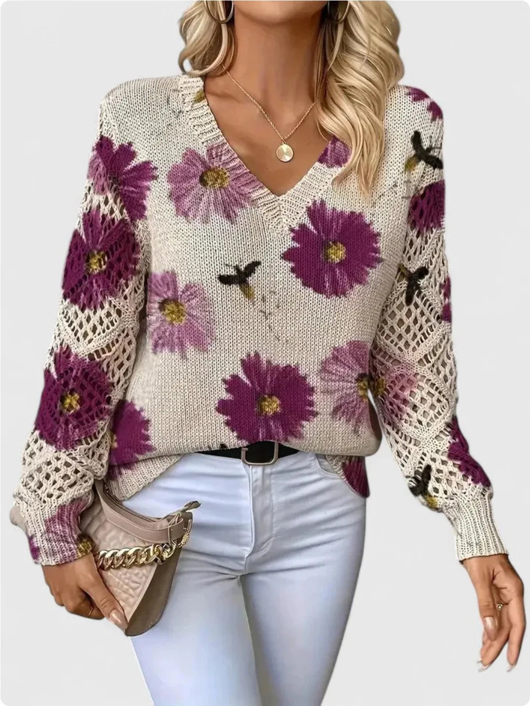 Elegant Bohemian Floral V-neck Long Sleeved Top Fashionable V-neck Pullover Hollow Printed Sweater Pullover 2025 Casual Knitwear