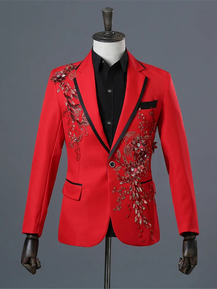 Men White Appliqued Blazer Masculino Chinese Red Costume Homme Pour Mariage Stage Wear