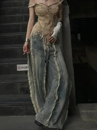 Vintage Women Washed Y2K Baggy Japanese 2000s Denim Trouser Casual Tassels Pants Female Street Trashy Retro High Waist Jeans