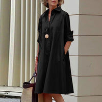 Elegant Solid Shirt Dress Women 2023 Turn Down Collar Long Sleeve Midi Dresses Spring Ladies Commute Casual Loose Pocket Blouses