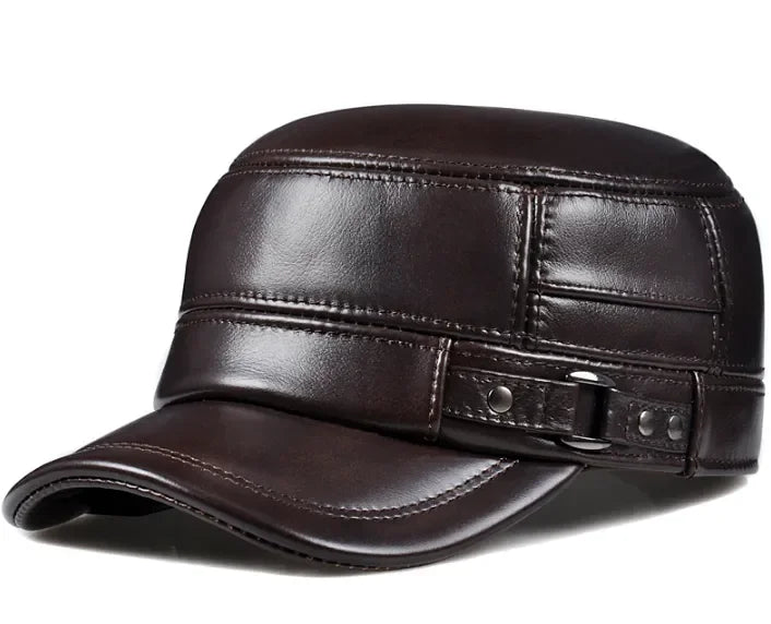 Winter Genuine Leather Cap Men's Flat Caps  Military Hat Elegant Man Baseball Cap British Vintage Cowhide Ear Warm Hat