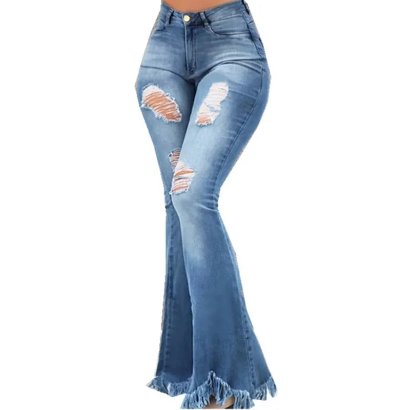 Full Length Denim Flare Capris Pants Pocket Holes Bell Bottom Trousers Boot Cut Ruffle Denim Pants Women Flare Jeans