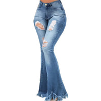 Full Length Denim Flare Capris Pants Pocket Holes Bell Bottom Trousers Boot Cut Ruffle Denim Pants Women Flare Jeans