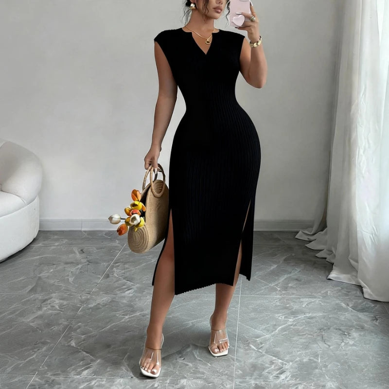 Women's White V-Neck Sleeveless Elastic Sundress Knit Bodycon Maxi Dress Solid Side Slit Casual Summer Daily Party Long Dress