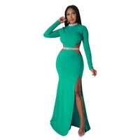 Female Autumn Winter Long Maxi Dress Cutout Waist High Side Split Long Sleeve Dresses Vestidos Sexy Elegant Party Clubwear