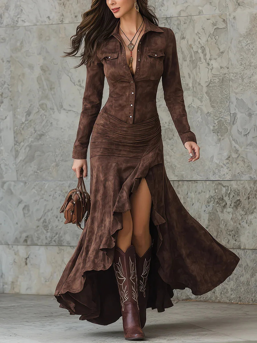 Elegant Retro Solid Color Dress For Women Spring Autumn Fashion New Lapel Button Long Sleeve Asymmetric Big Hem Long Dress