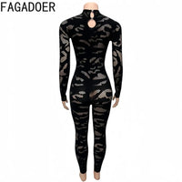 FAGADOER Sexy Lace See Through Patchwork Bodycon Jumpsuits for Woman Hollow-out Long Sleeves Rompers Female Streetwear Overalls
