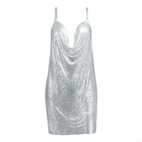 YOUR BUMP CURVE Shiny Cool Metal Sequin V Neck Sleeveless Backless Cross Side Irregular Mini Sexy Ladies Yacht Club Metal Dress