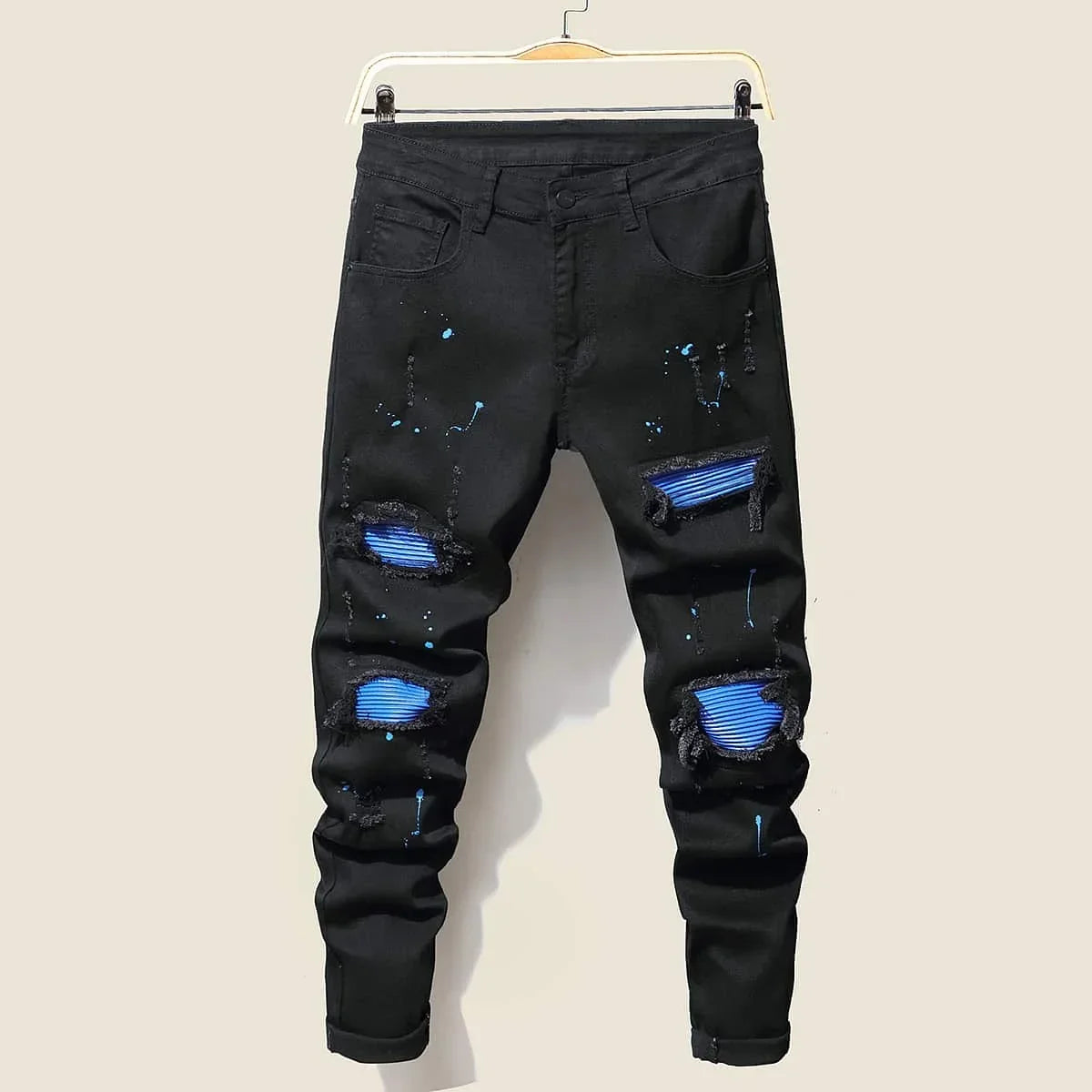 Men's Jeans Cool Ripped Skinny Trousers Stretch Slim Denim Jeans Pants Patchwork Hip Hop Black Blue Casual Jogging Jeans for Men