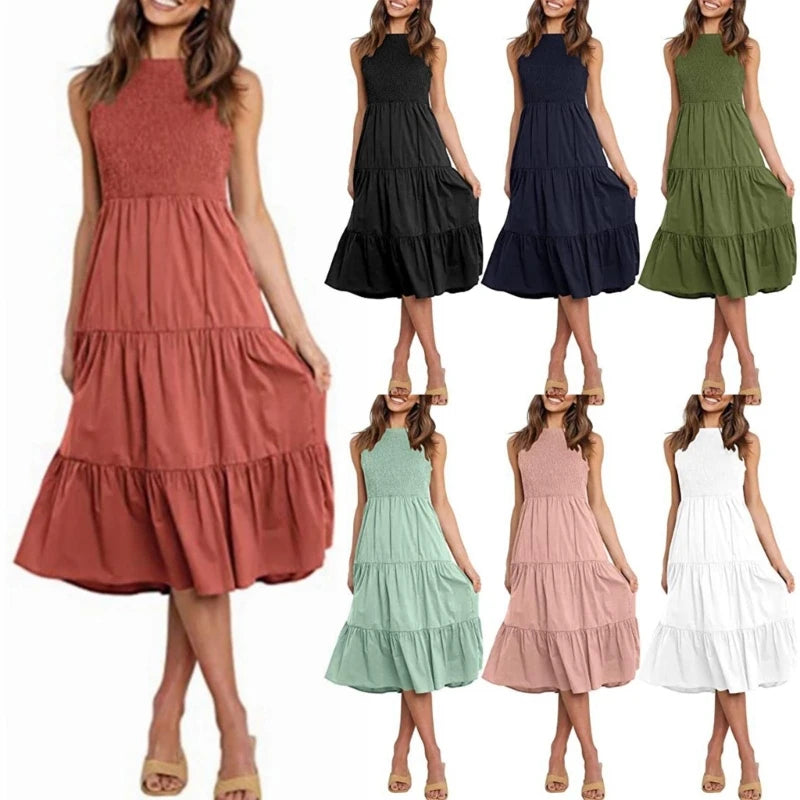 2023 Women Casual Sleeveless Dress Summer Outfits Smocked Tiered A-Line Large Swing Sundress Elastic Waist Solid Color Y1QD