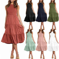 2023 Women Casual Sleeveless Dress Summer Outfits Smocked Tiered A-Line Large Swing Sundress Elastic Waist Solid Color Y1QD