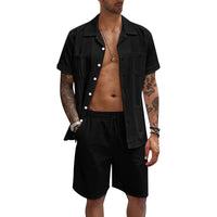 New Men's Summer Casual Sport 2 Piece Sets Fashion Cotton Linen Short Sleeve Shirt and Shorts Suit Men Loose Sport Shirt Outfits