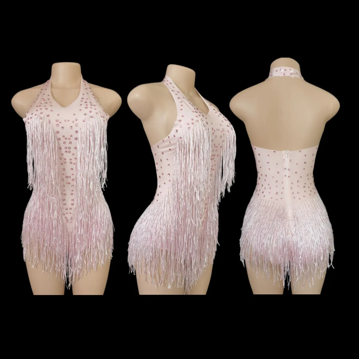 Sparkly Rhinestones Fringe Bodysuit WomenVightclub Party Dance Costume Stage Wear SexyTassel Leotard Performance Clothing G7