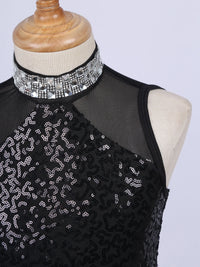 Girls Shiny Rhinestone Jazz Ballet Dance Dress Decorated Collar Sequins Mesh Tassel Hem Dance Leotards Dance Performance Dress