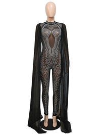 Sexy Beautiful Cape Sleeve Mesh Crystal Jumpsuits Women Rompers Luxury See-Through Outfits