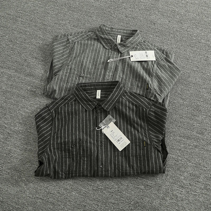 Spring Vertical Striped Brushed 100% Cotton Washed Casual Long Sleeve Shirt Men's Retro Top Versatile Soft Workwear Shirt Coats