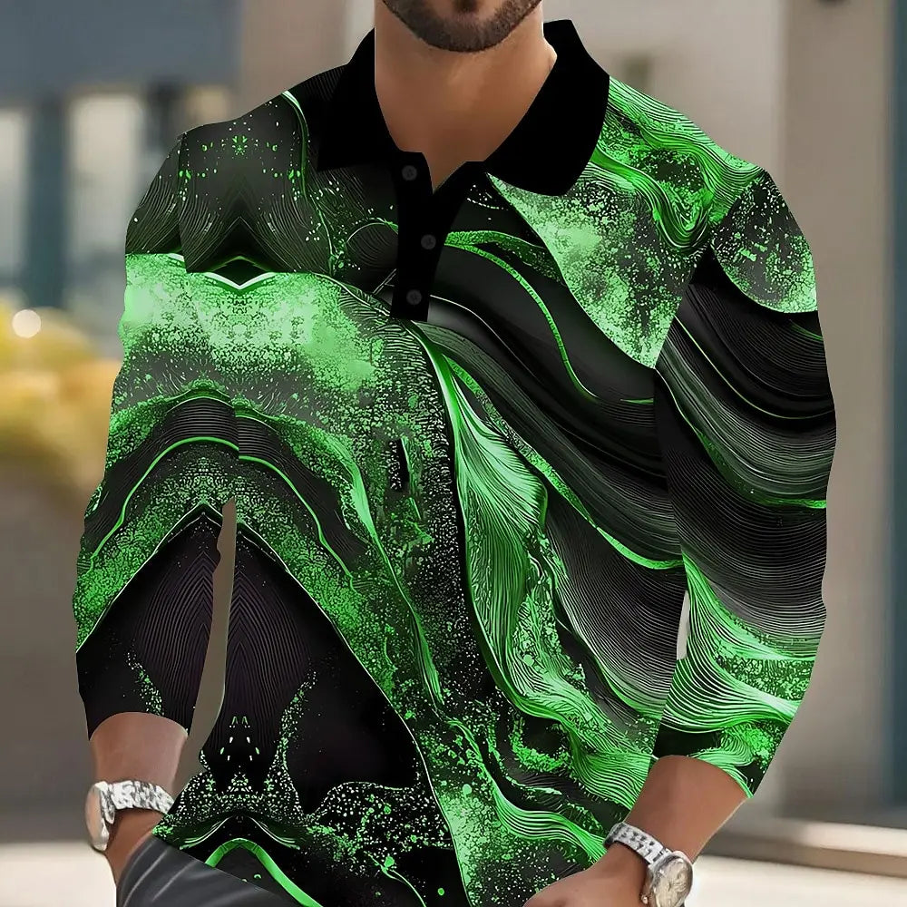 2025 Men's Abstract Marble Long Sleeve Polo Shirt Breathable Business Casual Top Slim Fit Quick Dry Multi Colors Fall Winter