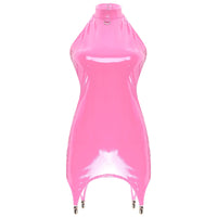 Womens Latex Bodycon Tight Mini Dress Rave Clubwear Back Zipper Glossy Patent Leather Bodycon Short Dress with Garter Clips