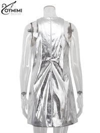 Oymimi Sexy Slim Sliver Pu Leather Dress Ladies Bodycon O-Neck Sleeveless Dress Elegant Classicc Party Dresses For Women 2023