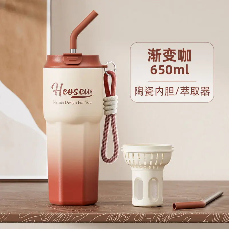 Insulated water cup, high appearance ceramic coffee cup, large capacity student with straw ice cream water cup