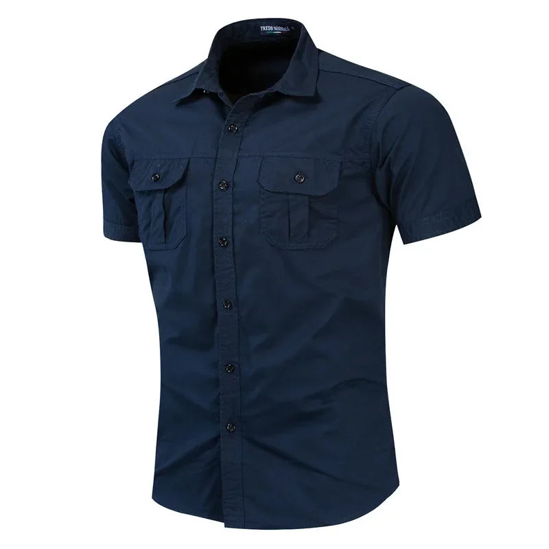 2023 New Mens Military Shirt Men Short Sleeve Cargo Shirts 100% Cotton Casual Solid Shirt Male Pocket Work Shirt