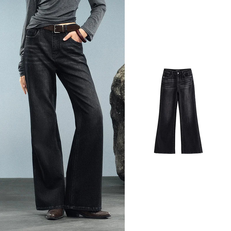 TOYOUTH Women Denim Jeans 2025 Autumn New Retro Lycra Micro Flare Pant