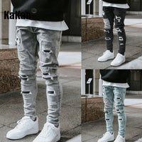 Kakan-y2k New Men's Wear Worn Out Small Leg Elastic Jeans, Slim and Handsome Motoryclist Boots Long Jeans Jeans, Jeans Man Brand
