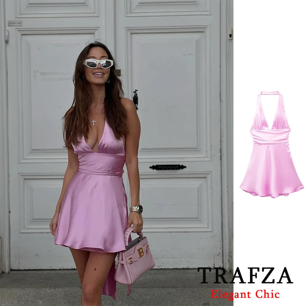 TRAFZA Sexy Solid Mini Women Dress Fashion 2024 Summer Satin Halter Bow Tie Dress Elegant Female Dress Beach Holiday Party Dress