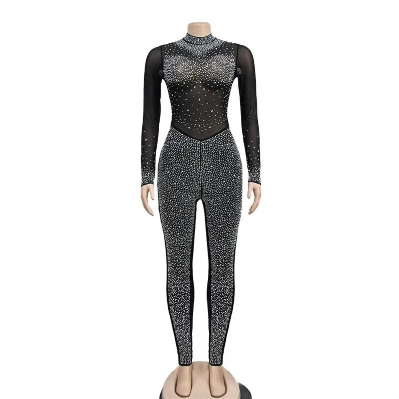 High Quality 2022 Long Sleeve Skinny Sexy Diamonds Jumpsuits Women High Neck Mesh See Through Black Club Party Jumpsuit Rompers