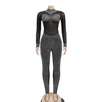 High Quality 2022 Long Sleeve Skinny Sexy Diamonds Jumpsuits Women High Neck Mesh See Through Black Club Party Jumpsuit Rompers